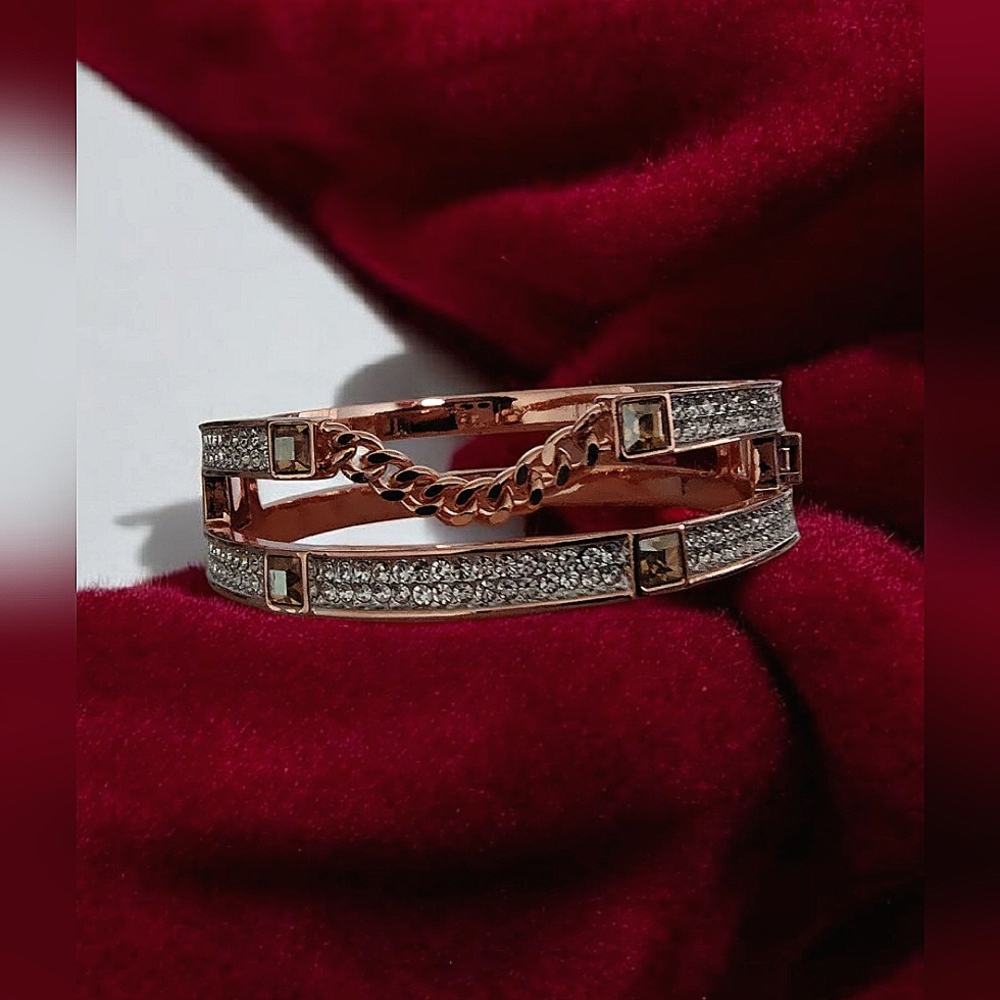 J Nina Signed Rose Gold Cuff Bracelet With Small Pave Crystals & Chain